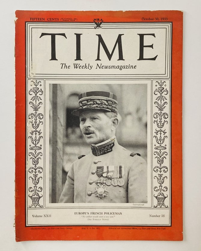 Cover of VTG Time Magazine October 30, 1933 featuring French Policeman Maxim Weygand, Volume 22, Number 18.