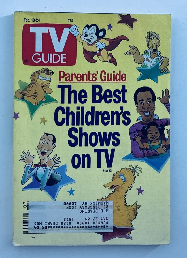 TV Guide Magazine cover from February 18, 1989, featuring the title 'Parents' Guide: The Best Children's Shows on TV'. The cover showcases colorful illustrations of popular children's characters such as Garfield and Big Bird, ideal for collectors and TV history enthusiasts.