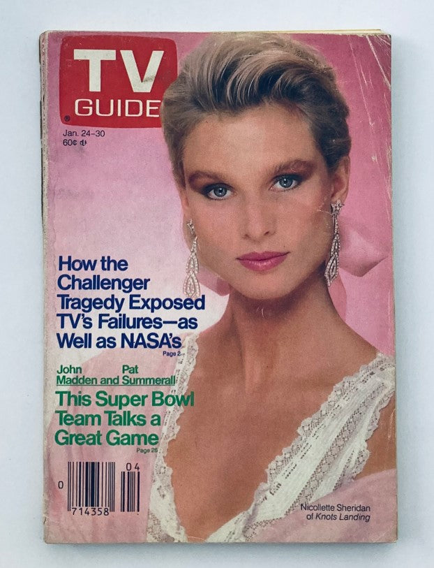 Cover of TV Guide Magazine January 24 1987 featuring Nicolette Sheridan. The magazine highlights TV shows, including coverage of the Challenger tragedy and features on notable personalities like John Madden. The pristine condition makes it a valuable collector's item.