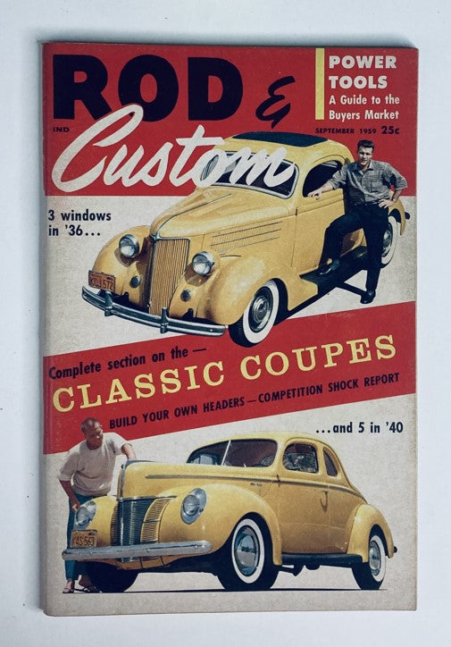 Cover of VTG Rod & Custom Magazine September 1959 showcasing classic coupes with vintage cars, highlighting automotive culture and customization.
