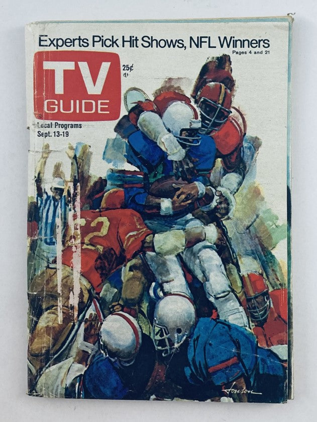 TV Guide Magazine September 13, 1975, Issue #1172 featuring NFL Winners, showcasing an illustration of football players in action, representing television history and vintage sports culture.