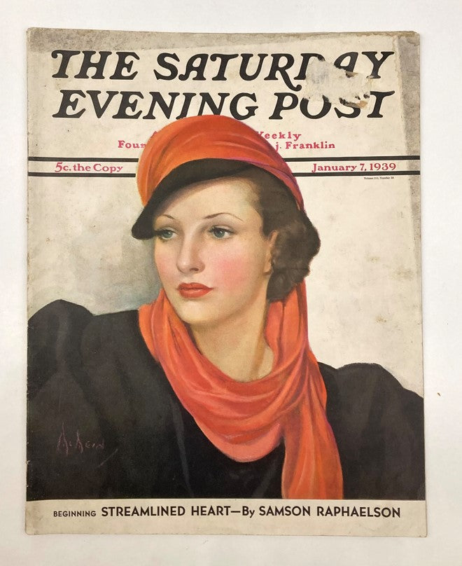 Cover illustration of the Saturday Evening Post magazine from January 7, 1939, featuring a woman with a red hat and scarf, representing the 'Streamlined Heart' theme.