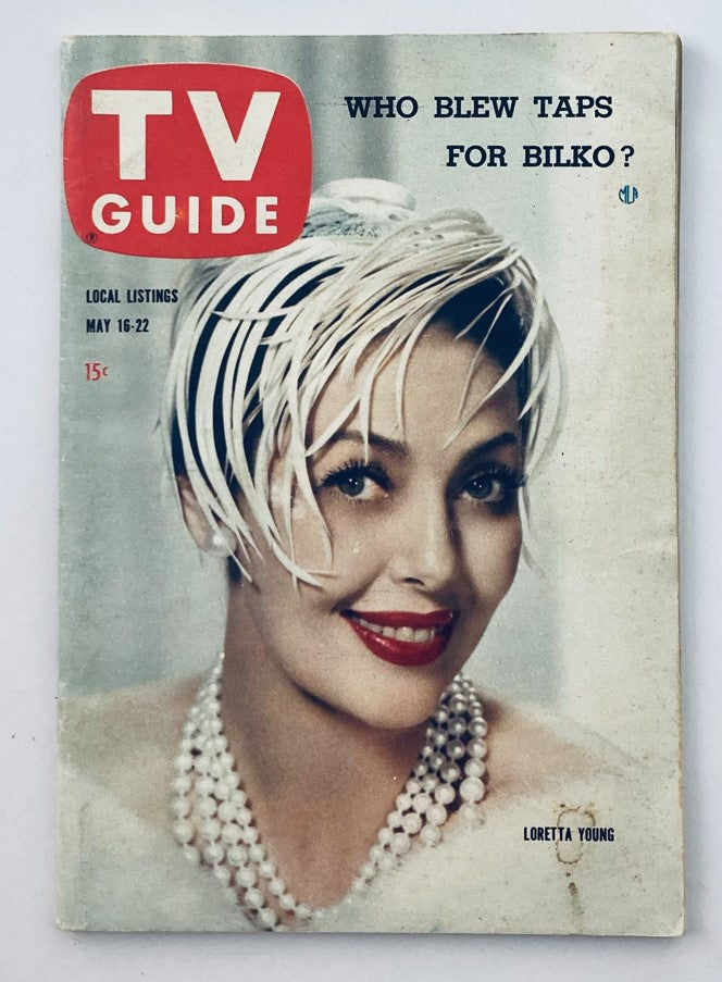 Cover of TV Guide Magazine May 16 1959 #320 featuring actress Loretta Young with elegant hairstyle and pearl necklace. The cover text includes the question 'Who Blew Taps For Bilko?'.