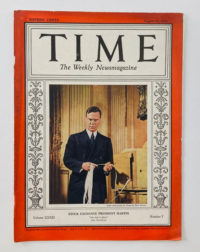 VTG Time Magazine August 15 1938 Vol 32 No. 7 featuring Stock Exchange President William McChesney Martin Jr. on the cover with vibrant design.