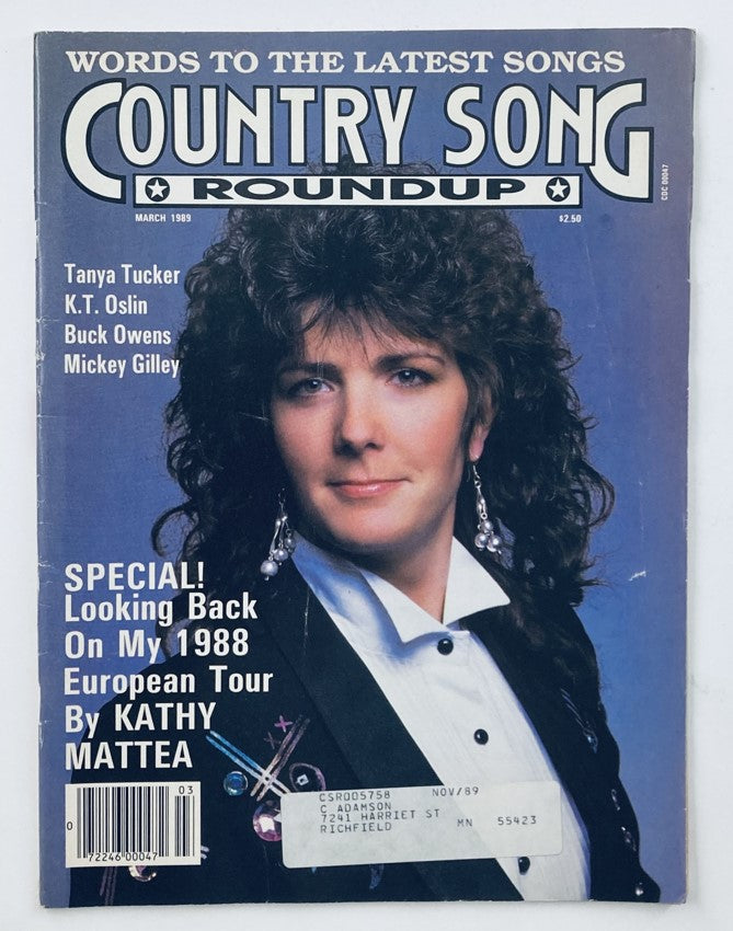 Cover of VTG Country Song Roundup Magazine March 1989 featuring Tanya Tucker and K.T. Oslin, highlighting country music culture of the late 1980s.
