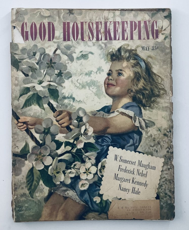 Vintage Good Housekeeping Magazine cover from May 1946 showcasing a little girl on a swing, surrounded by flowers, reflecting the charm of post-war American life.