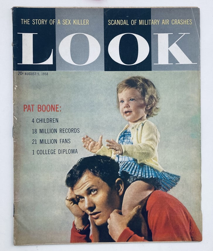 VTG Look Magazine August 5 1958 cover featuring Pat Boone with a child, showcasing articles and photography from the iconic 1950s era.