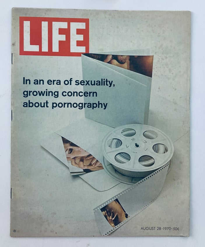 Cover of VTG Life Magazine from August 28, 1970, featuring the headline 'In an era of sexuality, growing concern about pornography' alongside images of film reels and photographs.