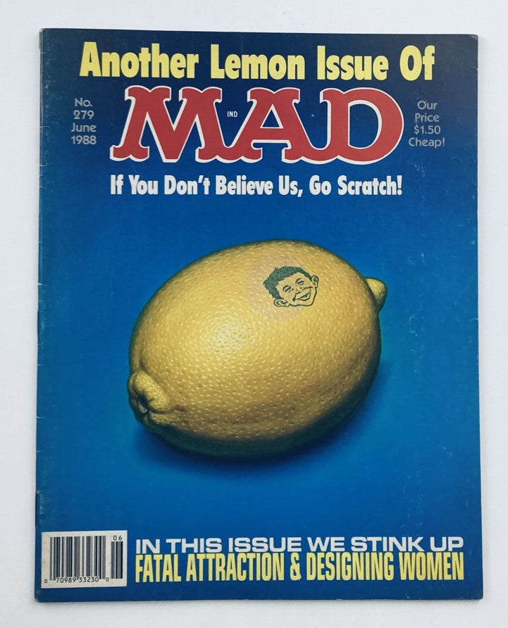 Cover of Mad Magazine June 1988 No. 279 featuring the parody 'Lemon Fatal Attraction', showcasing a lemon with a quirky illustration and text that reads 'Another Lemon Issue Of MAD'. Highlighting pop culture satire, it attracts vintage magazine collectors.