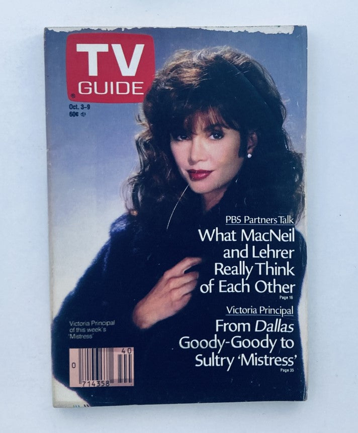 TV Guide Magazine from October 3-9, 1987 featuring Victoria Principal on the cover. The magazine highlights PBS Partners Talk and includes articles about Victoria Principal's role from Dallas. This collectible issue showcases the unique television history of the era.