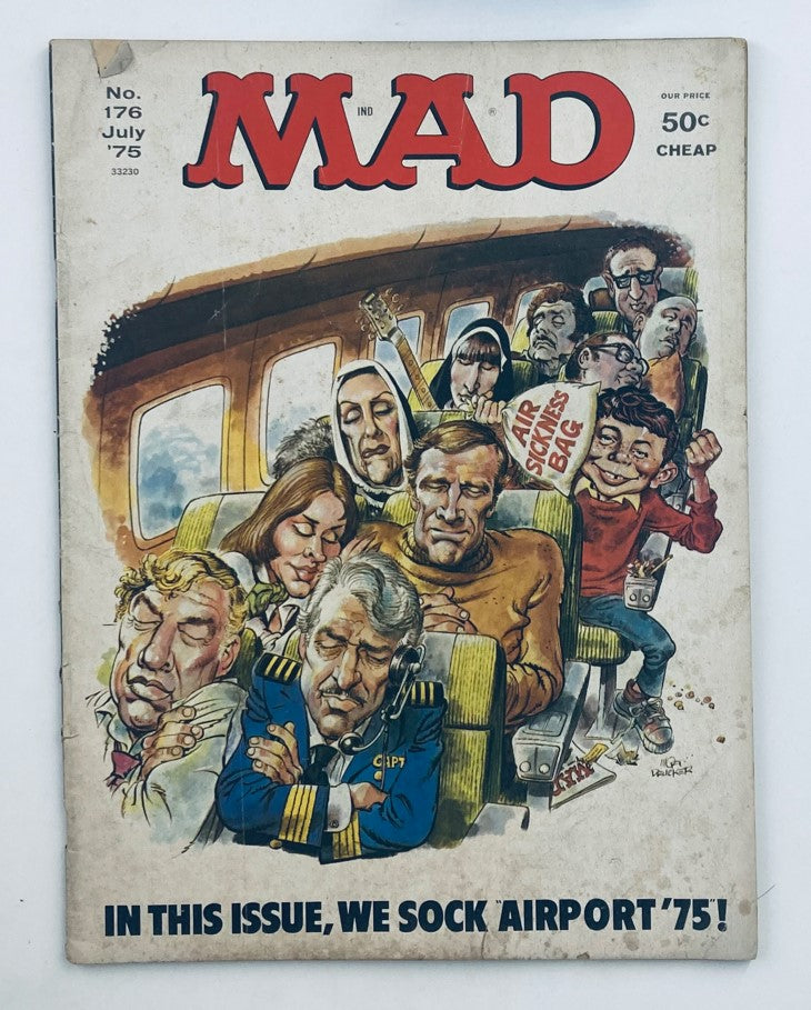 Cover of Mad Magazine July 1975 No. 176, titled 'We Sock Airport '75', featuring comedic illustrations of passengers on an airplane, showcasing the humor typical of the era.