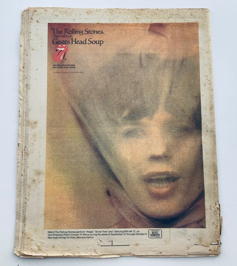 Back cover of VTG Rolling Stone Magazine October 11 1973 No. 145, promoting The Rolling Stones' new album 'Goats Head Soup,' featuring vintage design elements and nostalgic imagery.