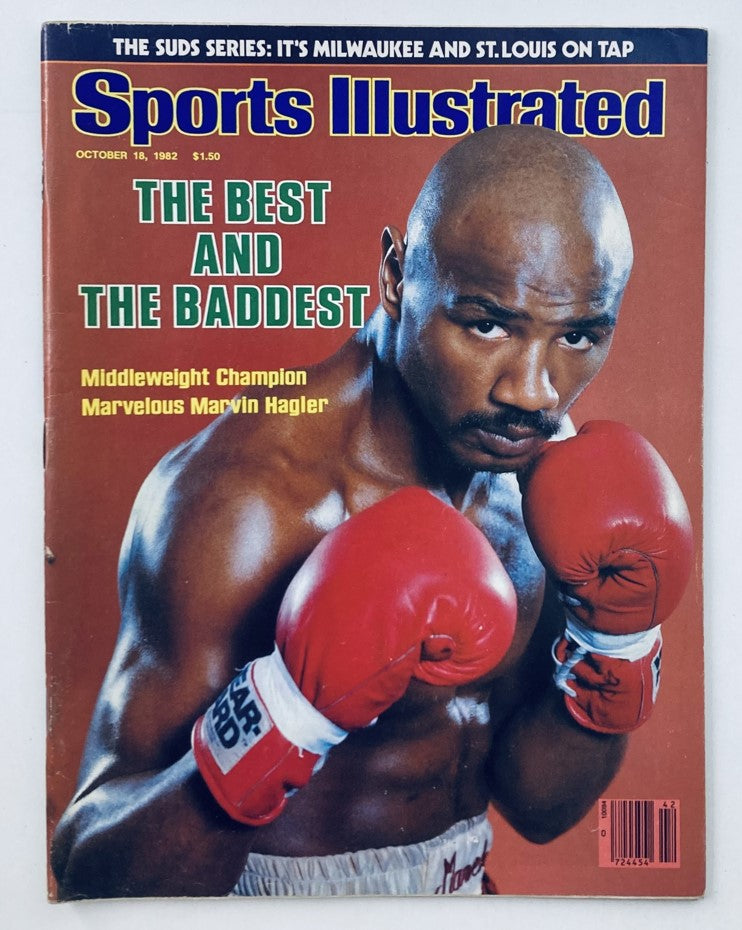 Cover of VTG Sports Illustrated Magazine from October 18, 1982, featuring Marvin Hagler, the Middleweight Champion, showcasing a dynamic portrait with boxing gloves, capturing the essence of professional boxing.