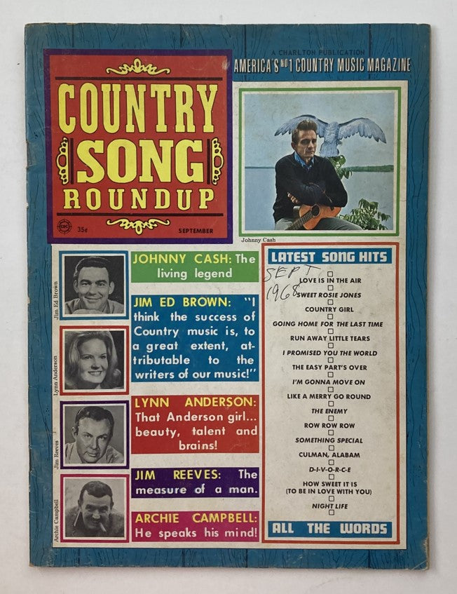 VTG Country Song Roundup Magazine September 1968 featuring Johnny Cash on the cover, showcasing classic country music history and artist highlights.