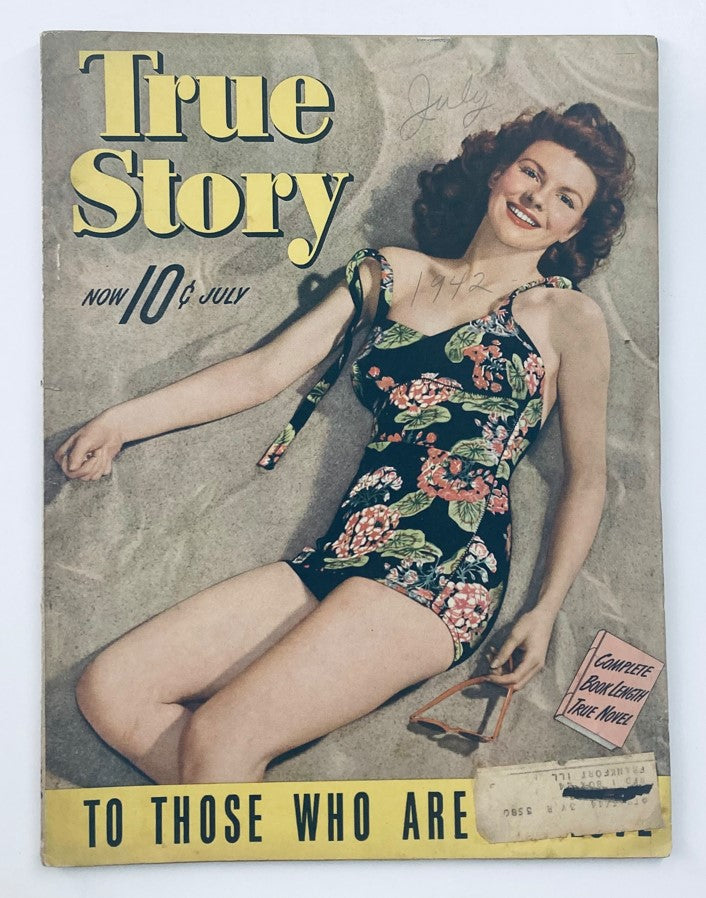 Cover of VTG True Story Magazine July 1942, Volume 46, Number 6 featuring a woman in a floral swimsuit with the title 'True Story' and the phrase 'Summertime is Playtime.'