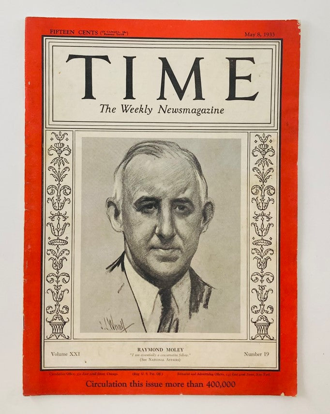 VTG Time Magazine May 8 1933 featuring a cover portrait of Political Economist Raymond Moley, Volume 21 Number 19.