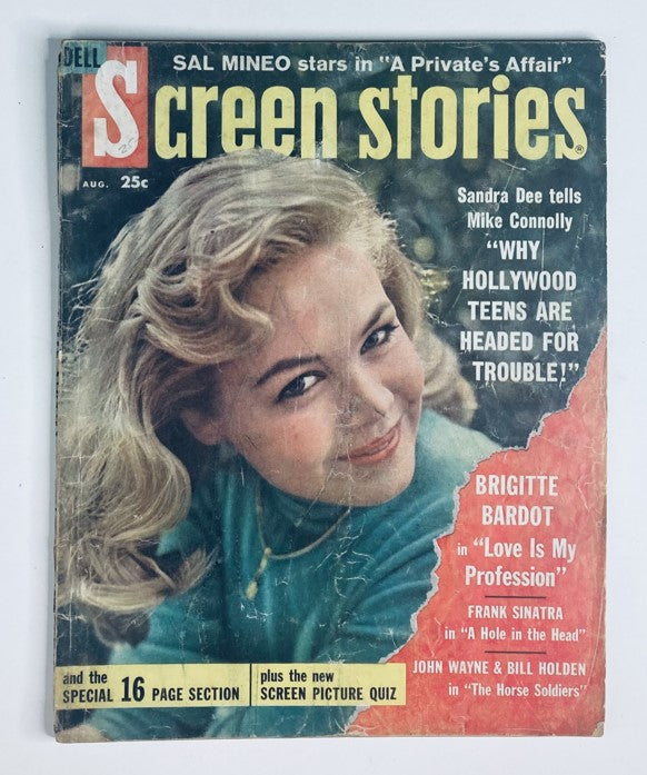 VTG Screen Stories Magazine August 1959 featuring Sandra Dee on the cover, showcasing vintage Hollywood glamour and classic cinema nostalgia.
