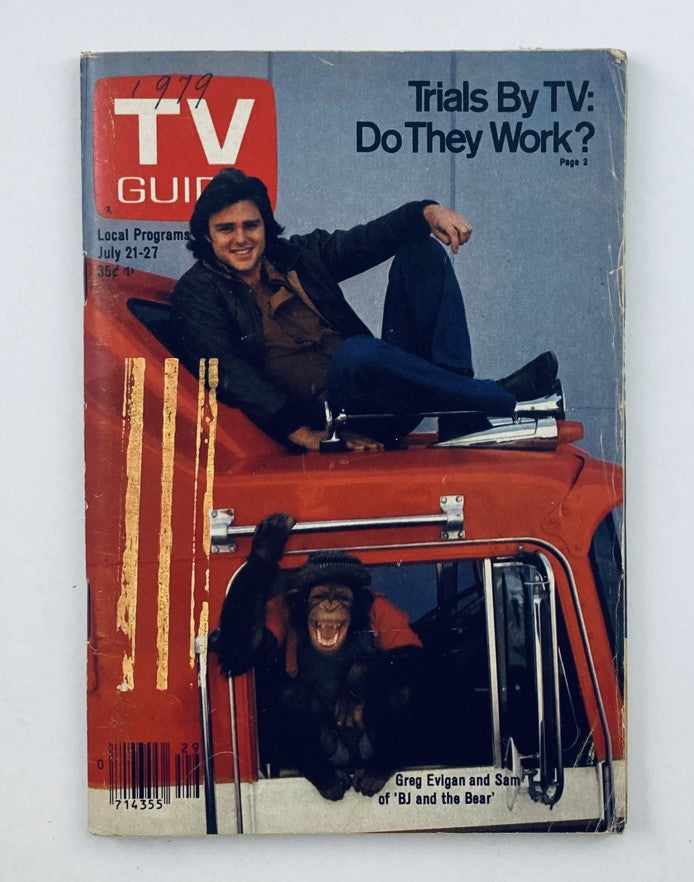 TV Guide Magazine Cover from July 21, 1979, featuring Greg Evigan and Sam from 'BJ and the Bear'. The cover highlights the article 'Trials By TV: Do They Work?' and showcases colorful graphics.