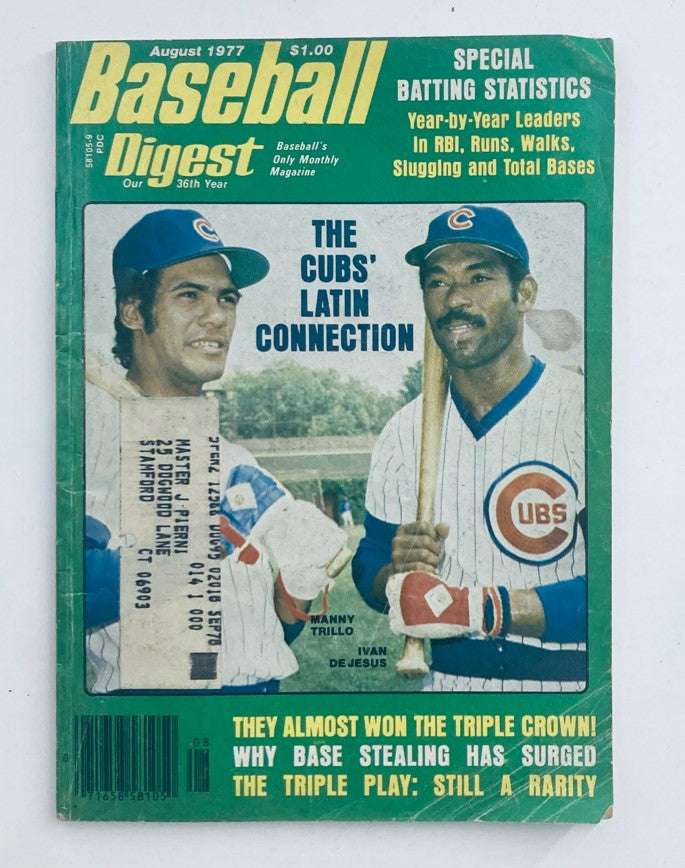 Cover of the Vintage Baseball Digest Magazine from August 1977 featuring Manny Trillo and Ivan DeJesus, highlighting their connection with the Cubs and special batting statistics.