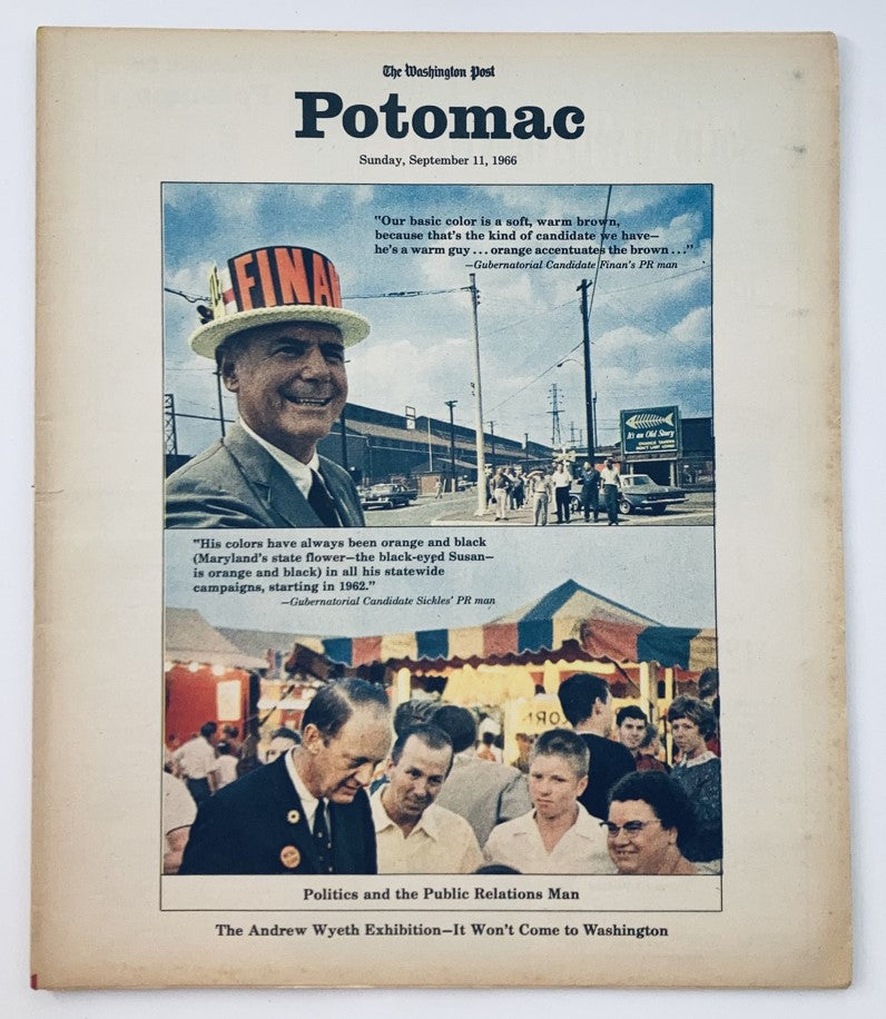 VTG Washington Post Potomac Magazine September 11 1966 cover featuring an article on politics with a photo of a man in a hat, showcasing mid-20th century design and typography.