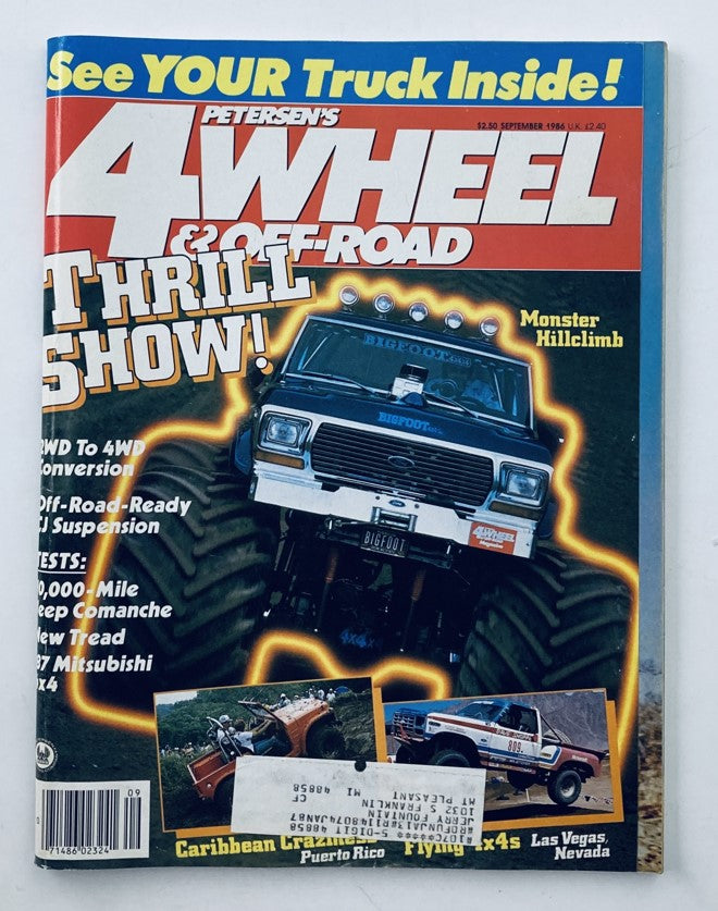 Cover of VTG Petersen's 4 Wheel & Off-Road Magazine from September 1986 featuring the exciting Monster Hillclimb. The image showcases a powerful off-road vehicle, Bigfoot, prominently displayed on the front cover surrounded by vibrant graphics. Ideal for collectors and enthusiasts of vintage off-road culture.