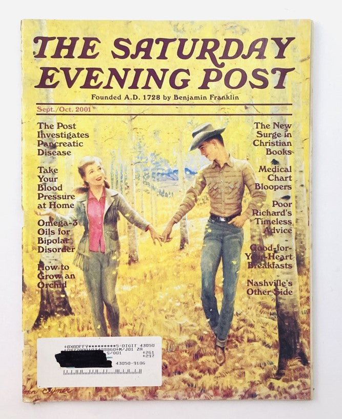 Saturday Evening Post Magazine September 2001 illustrated cover featuring artwork by John Clymer, depicting a couple in a rural setting, showcasing early 2000s culture and nostalgia.