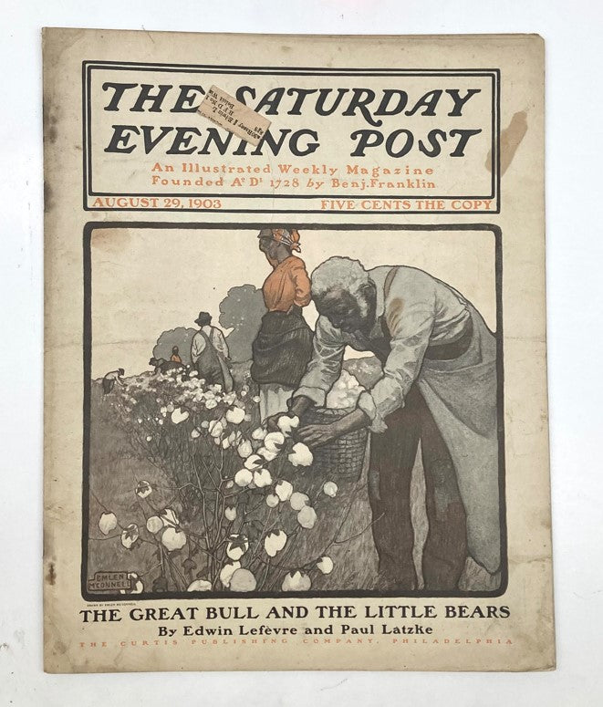Saturday Evening Post Illustrated Cover August 29 1903 featuring a captivating image of a great bull and a woman picking cotton, showcasing the artistic style of the early 20th century.