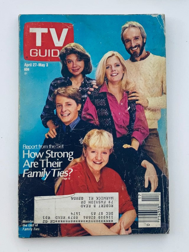 TV Guide Magazine April 27 1985 featuring the cast of Family Ties on the cover, showcasing retro styling and a nostalgic vibe.
