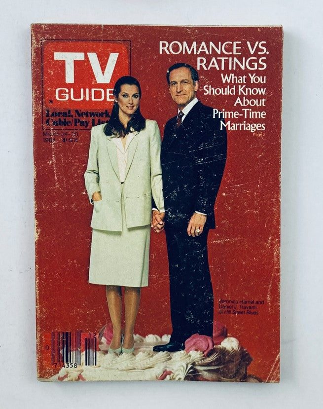 Cover of TV Guide Magazine March 24 1984 featuring Daniel Travanti and Cornelia Haml showing the article title 'Romance vs. Ratings' highlighting prime-time marriages.