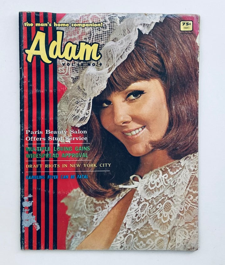 Cover of VTG Adam Magazine September 1968 featuring Jill Barger with a lace headpiece and a charming smile, showcasing vintage fashion and culture.