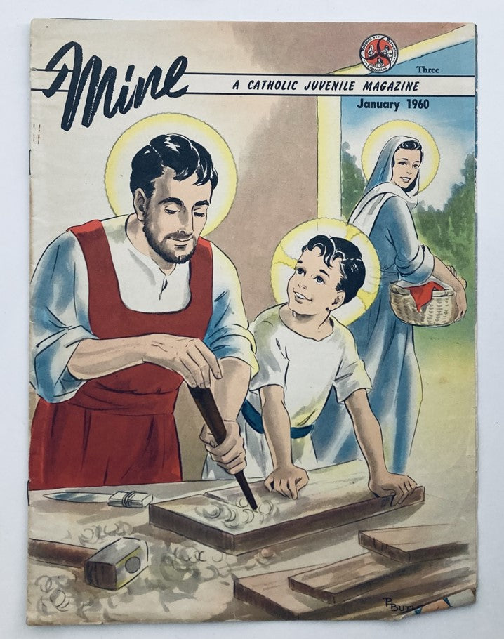 Cover of 'Mine A Catholic Juvenile Magazine' from January 1960 featuring a father and son engaged in woodworking, with a mother figure in the background, showcasing vintage illustration style.