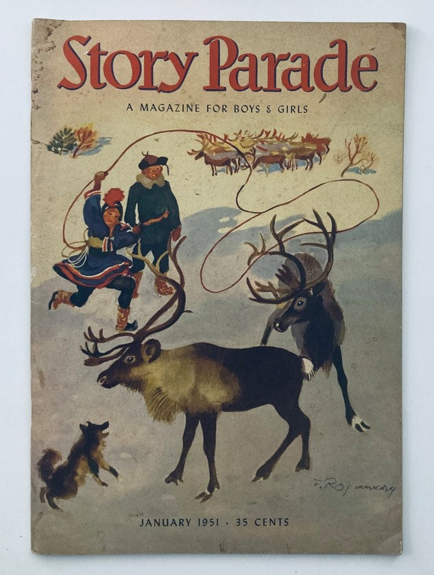 Cover of VTG Story Parade Magazine January 1951 featuring a colorful illustration with reindeer and characters, titled 'Reindeer Roundup'.