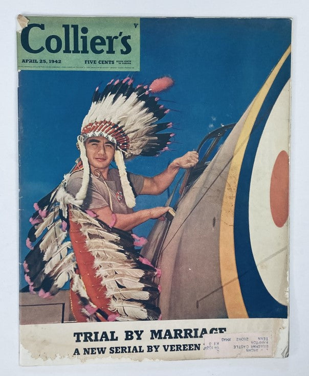 Cover of VTG Collier's Magazine April 25, 1942, featuring a man in Native American attire, highlighting the cover story 'Trial by Marriage'.