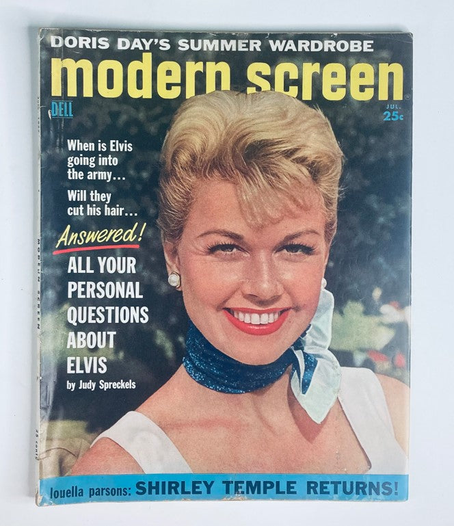 VTG Modern Screen Magazine July 1957 Cover featuring Doris Day with a bright smile and stylish summer wardrobe.