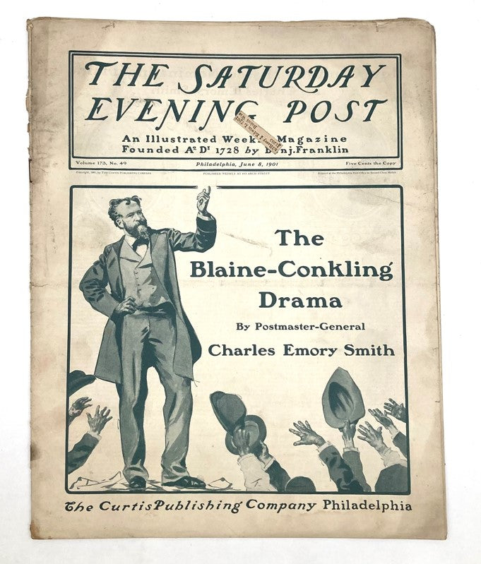 Saturday Evening Post Magazine Illustrated Cover from June 8, 1901 featuring The Blaine-Conkling Drama by Postmaster-General Charles Emory Smith.