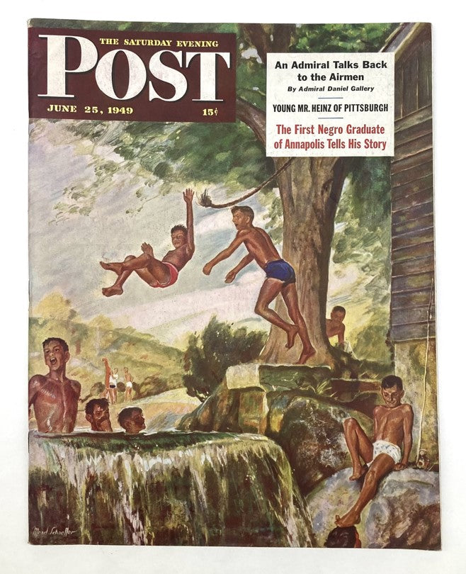 Illustrated cover of the Saturday Evening Post Magazine from June 25, 1949, featuring a vibrant scene of children playing by the water, showcasing the artistic style of Mead Schaeffer.