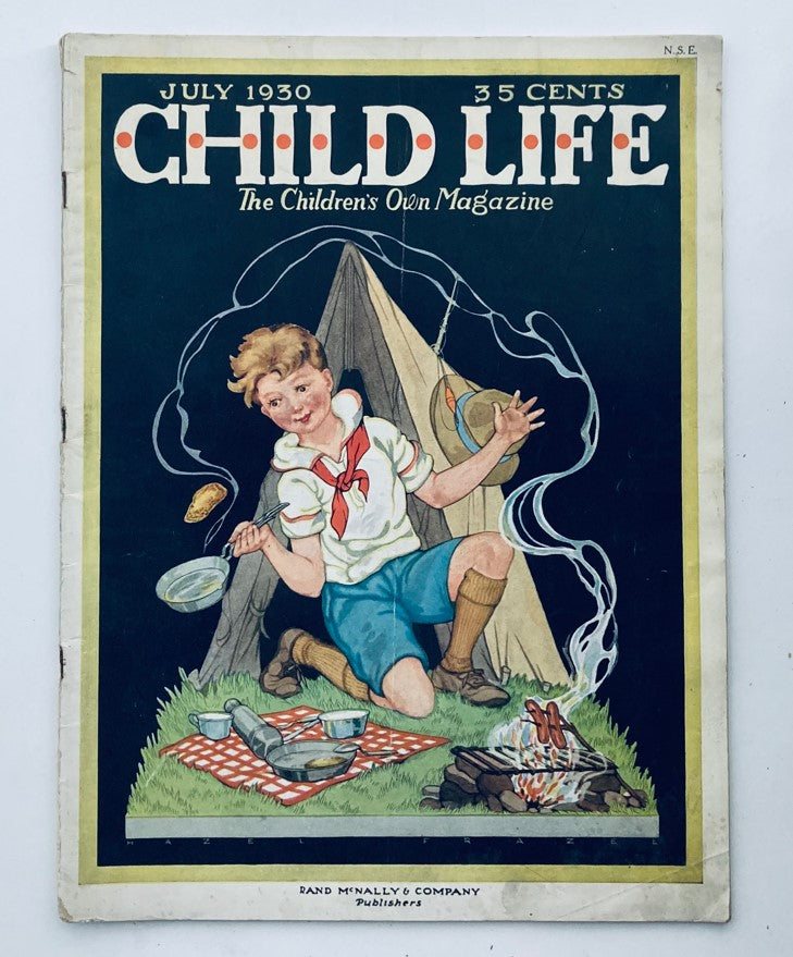 VTG Child Life Magazine July 1930 Vol 9 No. 7 cover featuring a boy cooking outdoors, showcasing the nostalgic theme of childhood adventures.