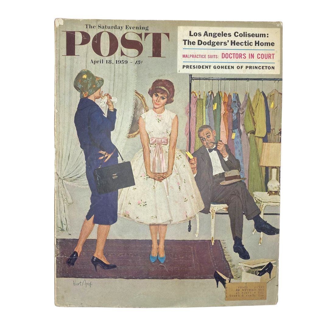 Cover of Saturday Evening Post Magazine April 18 1959 featuring artwork titled 'Enraptured Lass' by Kurt Ard, showcasing a vintage scene with elegantly dressed characters.