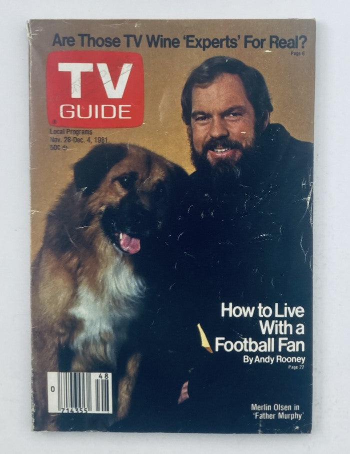 TV Guide Magazine cover from November 28, 1981 featuring an article titled 'How to Live With a Football Fan' by Andy Rooney, showcasing Merlin Olsen alongside a dog.