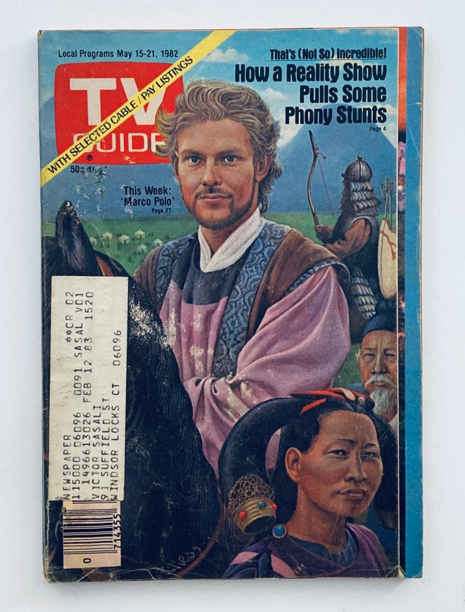 TV Guide Magazine cover from May 15, 1982, featuring 'This Week: Marco Polo' with illustrations of historical figures and the magazine's logo. A collectible piece of television history.
