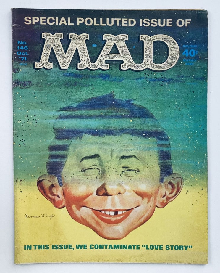 Cover of Mad Magazine, October 1971, No. 146, featuring a colorful illustration by Norman Mingo depicting a humorous character with the caption 'In this issue, we contaminate Love Story'. The issue is labeled as a 'Special Polluted Issue of Mad'.