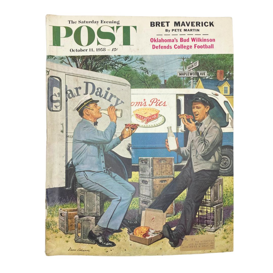 Cover of Saturday Evening Post Magazine October 11, 1958 featuring artwork by Stevan Dohanos, depicting two men enjoying coffee and food outdoors, showcasing a nostalgic slice of 1950s American culture.
