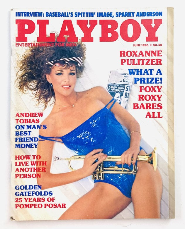 VTG Playboy Magazine June 1985 featuring Roxanne Pulitzer on the cover, showcasing vintage 1980s style in good condition with centerfold.