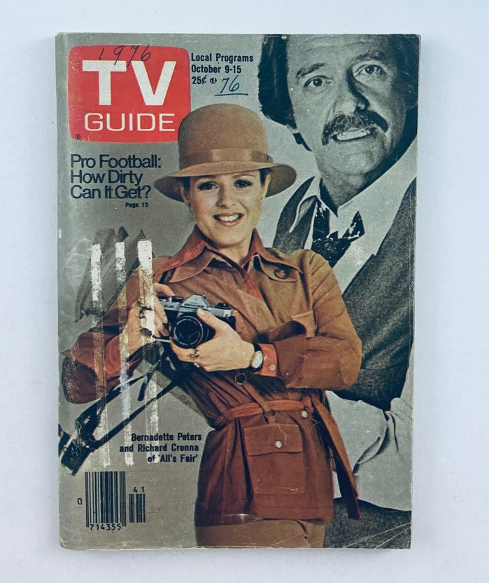TV Guide Magazine October 9 1976 featuring cover image of Bernadette Peters and Richard Crenna along with a promotional for 'Pro Football: How Dirty Can It Get?' showcasing vintage magazine style.