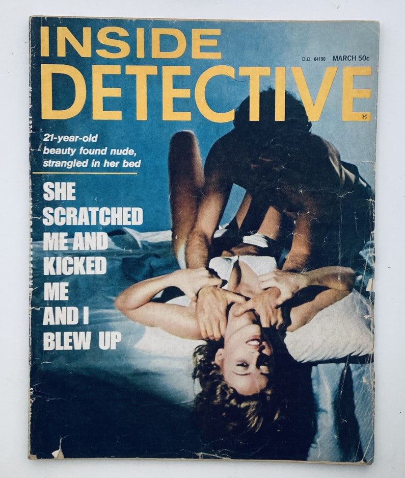 VTG Inside Detective Magazine March 1972 cover featuring the bold title 'Inside Detective', accompanied by an illustration depicting a dramatic narrative theme related to a crime story. The issue includes the headline, '21-year-old beauty found nude, strangled in her bed,' indicating its sensational content.