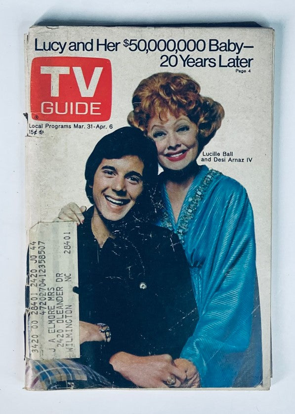 Cover of the TV Guide Magazine from March 31, 1973, issue number 544, featuring Lucille Ball and Desi Arnaz IV, with the headline 'Lucy and Her $50,000,000 Baby—20 Years Later'.