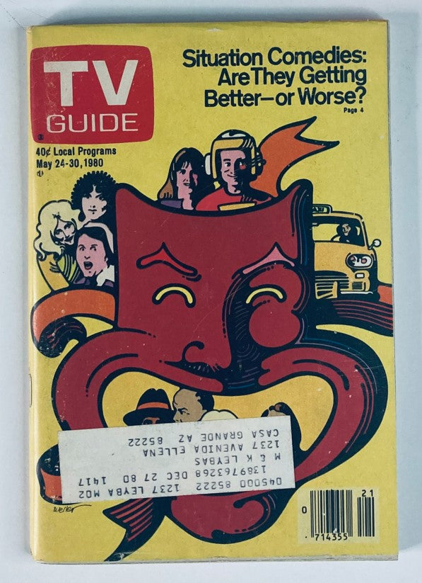 Cover of TV Guide Magazine May 24 1980 #1417 featuring an illustration of a whimsical character and a title discussing situation comedies, capturing the essence of late 70s television humor.