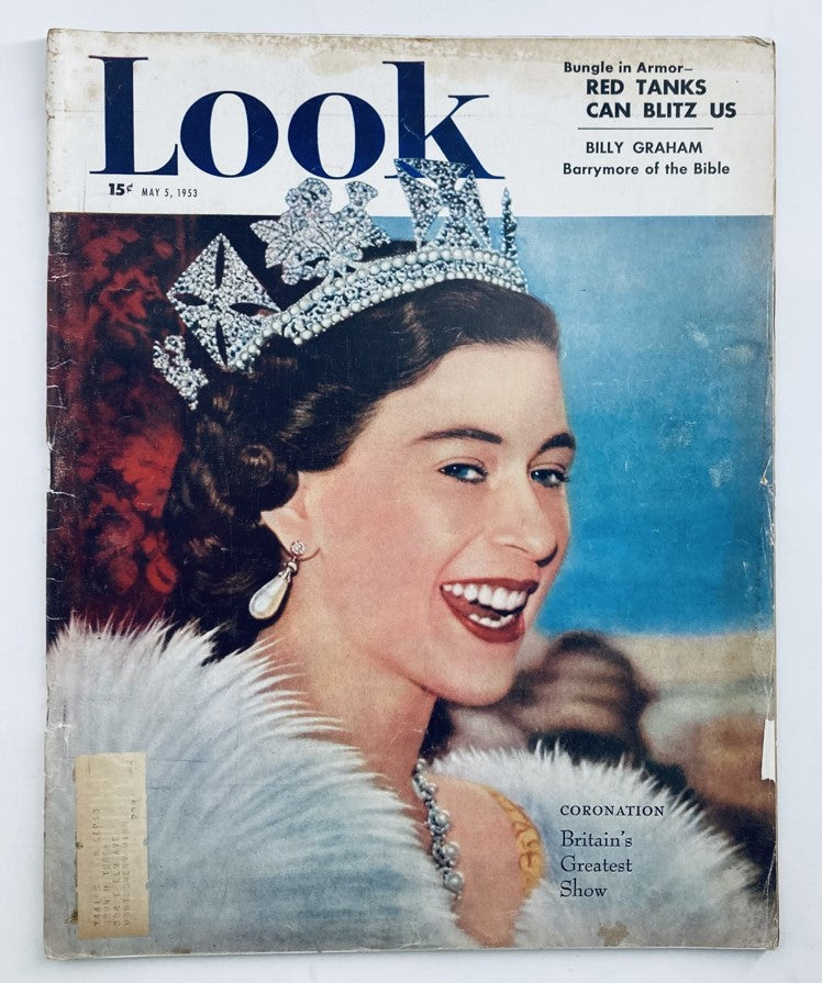 VTG Look Magazine May 5 1953 cover featuring Queen Elizabeth II with a sparkling crown, commemorating her coronation and highlighting Britain's royal history.