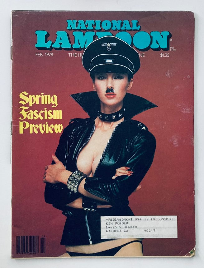 Cover of National Lampoon Magazine, February 1978, Volume 1, Number 95, titled 'The Real Adolf Hitler,' featuring a provocative model in a leather outfit, highlighting the edition's theme of satire and cultural commentary.