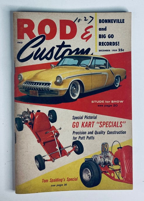 Cover of VTG Rod & Custom Magazine from December 1959 featuring a stunning custom car and showcasing the article "Flyweight Flame Thrower".